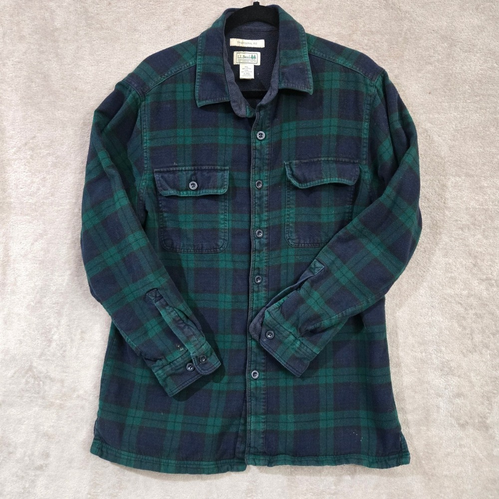 LL Bean Fleece Lined Flannel Shirt Medium Black Watch Plaid Rugged Cabin Outdoor